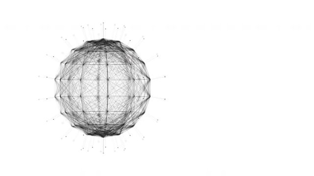 Abstract looped screen saver. The plexus sphere rotates. Black and white background. 4K.