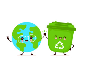 Fototapeta premium Cute happy smiling trash bin and Earth planet