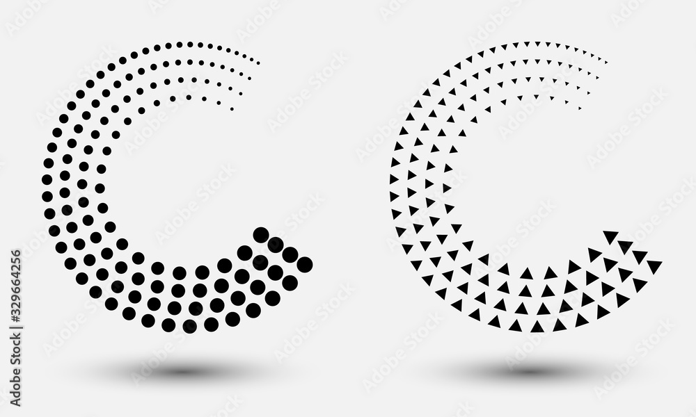 Poster halftone dots and triangles abstract background like letter c