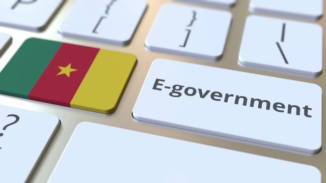 E-government or Electronic Government text and flag of Cameroon on the keyboard. Modern public services related conceptual 3D animation