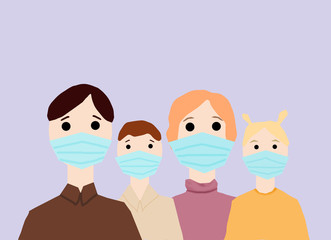 illustration of famaly with kids in respiratory mask close up with copy space isolated on white background