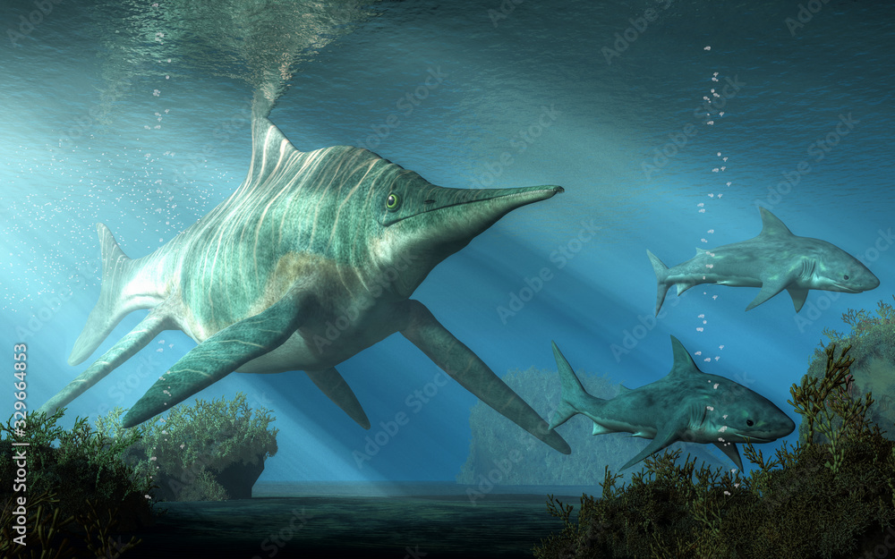 Aufkleber a massive creature pursues two sharks through the triassic seas. this is shastasaurus, an ichthyosau