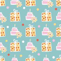 Birthday cakes and gifts seamless vector pattern in pastel colors. Childish party surface print design. Great for cards, gift wrapping paper, and invitations.
