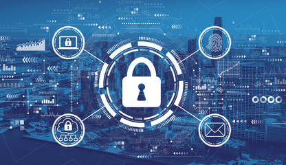 Internet network security concept with downtown San Francisco skyline buildings