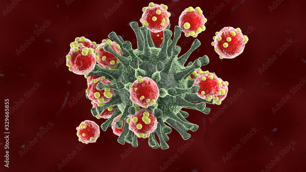 Poster 3d rendering of multiple red antibodies attacking the coronavirus. the idea of the immune system. il