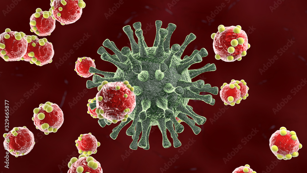 Aufkleber 3d rendering of multiple red antibodies attacking the coronavirus. the idea of the immune system. il