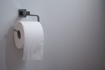 White paper toilet roll on chrome holder against neutral white wall