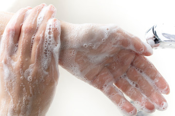 Washing hands. daily personal care against viruses, bacteria, microbes.