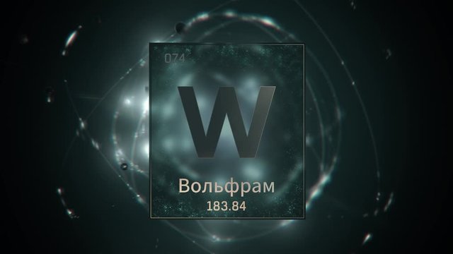 Tungsten as Element 74 of the Periodic Table. Seamlessly looping 3D animation on green illuminated atom design background orbiting electrons name, atomic weight element number in russian language