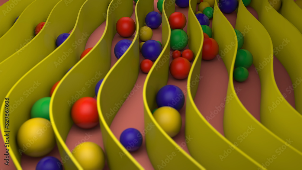 Poster 3d rendering of yellow lines, curved along the length and many colored balls filling the space. abst