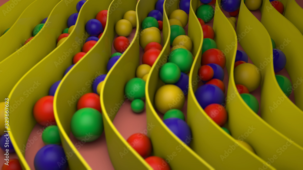 Poster 3d rendering of yellow lines, curved along the length and many colored balls filling the space. abst
