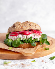 Spring sandwich with cottage cheese, radish, chives and lamb's lettuce on a light background