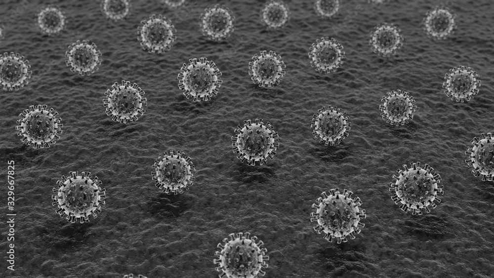 Aufkleber 3d rendering of multiple viruses moving over an uneven surface.coronaviruses are black. black swan f