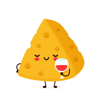 Cute happy smiling cheese with glass of wine