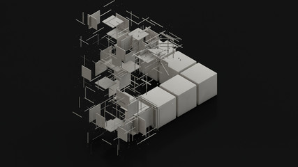 3D rendering of an abstract background with geometry elements. White cubes and segments, polygons are arranged in the construction of an impossible triangle. Abstract background, futuristic design.