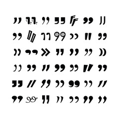 Complete different black silhouette and isolated closing quotation marks icons set on white background