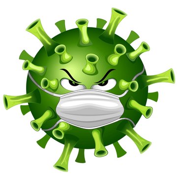 Coronavirus Evil Virus Cartoon Character with Face Mask against Covid-19 Vector illustration isolated on white. 