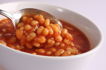 A studio photograph of baked beans in a tomato sauce