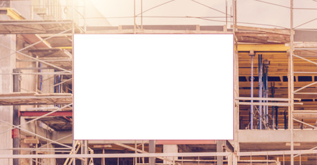 construction site with scaffold sign and blank mock-up
