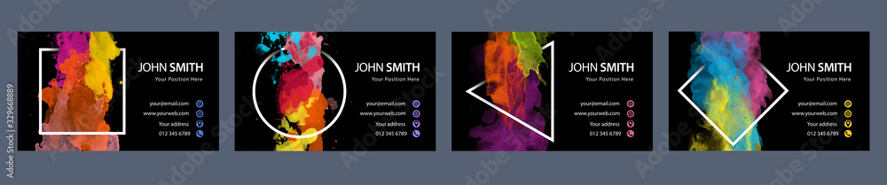 Wall mural bundle set of business card template with colorful vector watercolor splash in geometric frame on bl