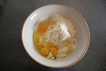 Eggs, Butter and flour in a mixing bowl