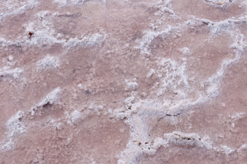 Coarse salt at the bottom of a pink lake.