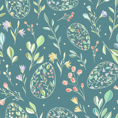Seamless easter pattern with flat eggs and simple plants