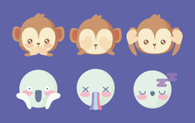 cute monkeys and emojis with expressions over purple background