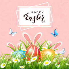 Easter Pink Background with Eggs in Grass and Rabbits