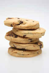 A studio photograph of chocolate chip cookies