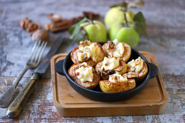 Baked quince with cheese. Healthy food. Vegetarian diet.