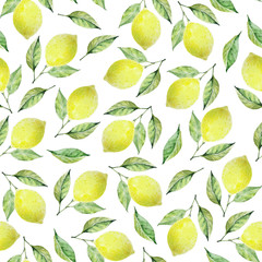 Yellow juicy lemons with leaves pattern on white background. Seamless watercolor illustration. Design for fabric, scrapbooking, packaging paper, wallpaper, wrap