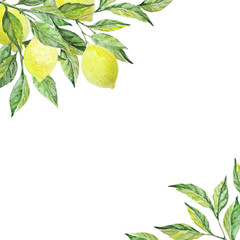 Frame with lemon branch and leaves. Watercolor illustration. Ideal for invitation, congratulations, messages, photos, card