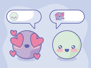 cute emojis with chat bubbles over purple background