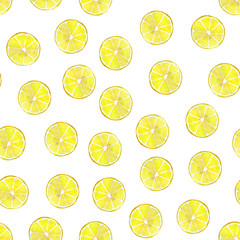 Lemon slices chaos on a white background. Seamless watercolor illustration. Design for fabric, scrapbooking, packaging paper, wallpaper, wrap