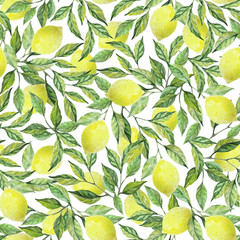 Yellow lemons with green branches seamless pattern. Watercolor illustration. Design for fabric, scrapbooking, packaging paper, wallpaper, wrap