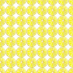 Lemon slices stand in rows on a white background. Seamless watercolor illustration. Design for fabric, scrapbooking, packaging paper, wallpaper, wrap
