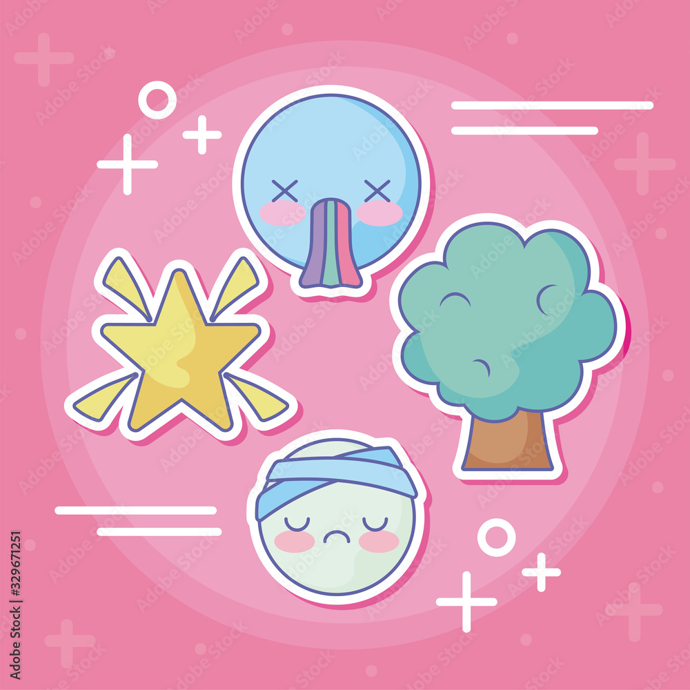 Poster tree, star and cute emojis over pink background, colorful design