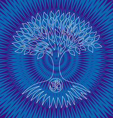 The tree of life with an om / aum sign on a blue openwork background. Spiritual mystical and environmental symbol. Vector art graphic.