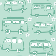 Blue Seamless Hand Drawn 70s Hippie Van Pattern. Bus and flower repeat pattern. White Background.
