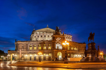 Famous opera house Semperoper lit in Dresden during blue hour