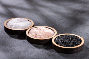 Variety of different sea salts, Hawaiian black and pink from the Himalayas