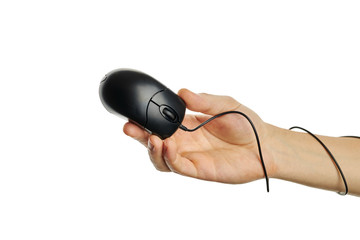 black computer mouse at caucasian person hand. isolated on a white background. hardware and web...