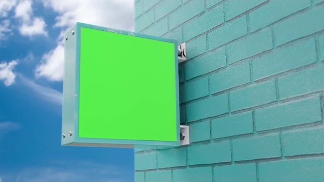 Light box signboard green screen. Light box Mockup made of metal were installed next to the brick wall and blue sky time-lapse background for logo template. 3D Render.