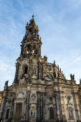 Fototapeta na wymiar The tower Hausmannsturm near the river Elbe in Dresden