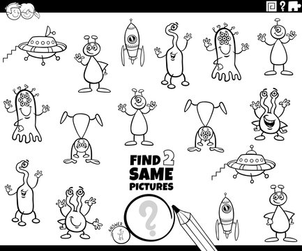 find two same alien characters color book page
