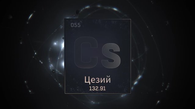 Cesium as Element 55 of the Periodic Table. Seamlessly looping 3D animation on silver illuminated atom design background orbiting electrons name, atomic weight element number in russian language