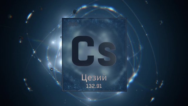 Cesium as Element 55 of the Periodic Table. Seamlessly looping 3D animation on blue illuminated atom design background orbiting electrons name, atomic weight element number in russian language