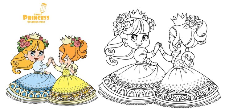 Two cute princesses in wreaths of rose flowers dancing outlined and color for coloring book