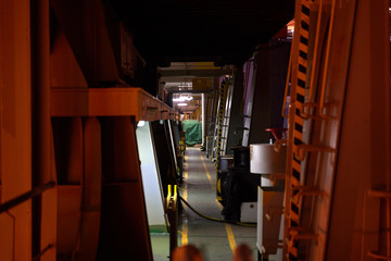 Container ship 's deck. Part of the vessel close-up.